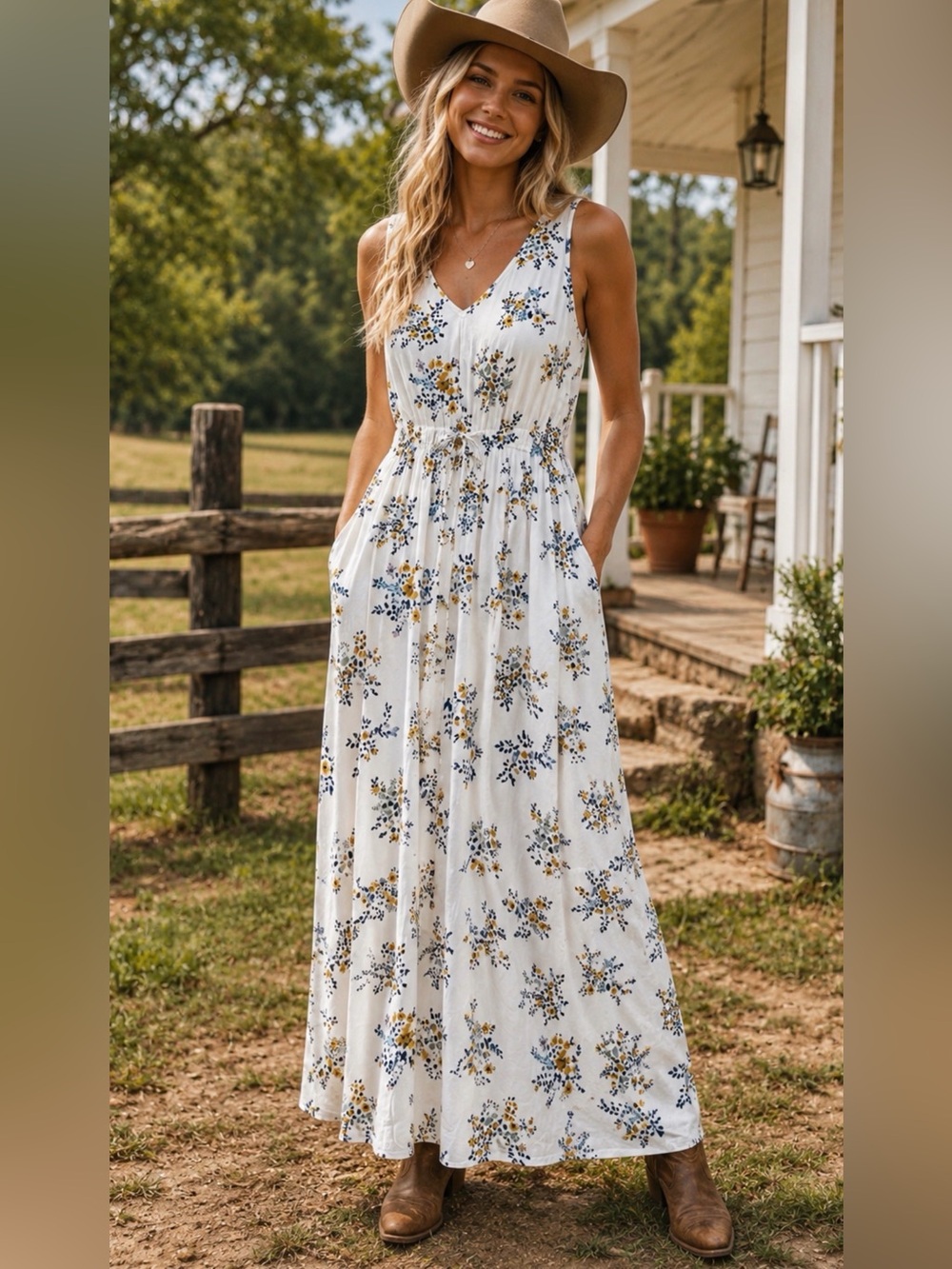 Lucky Brand Floral Maxi Dress Women’s L V Neck Sleeveless Boho Summer 100% Visco
